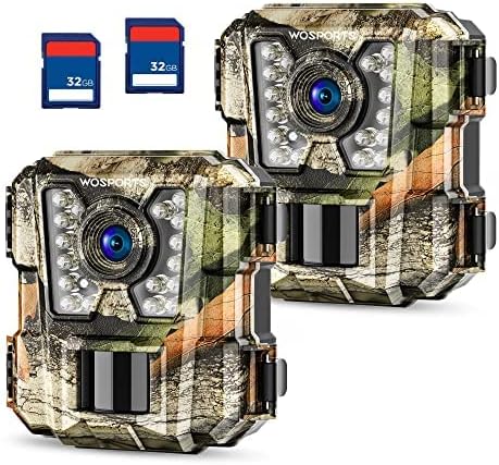 WOSPORTS Mini Trail Camera 2 Pack 24MP 1080P HD, Game Hunting Camera with 32GB SD Cards, Waterproof Night Vision Tiny Scouting Camera for Outdoor Wildlife Monitoring