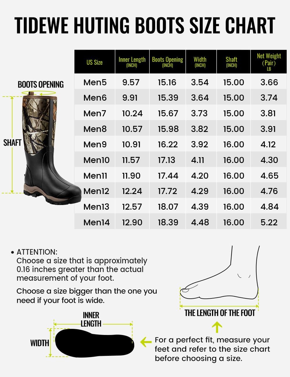 TIDEWE Hunting Boot for Men, Insulated Waterproof Sturdy 16" Men's Hunting Boot, 6mm Neoprene and Rubber Outdoor Boot (400g Insulated & Standard)