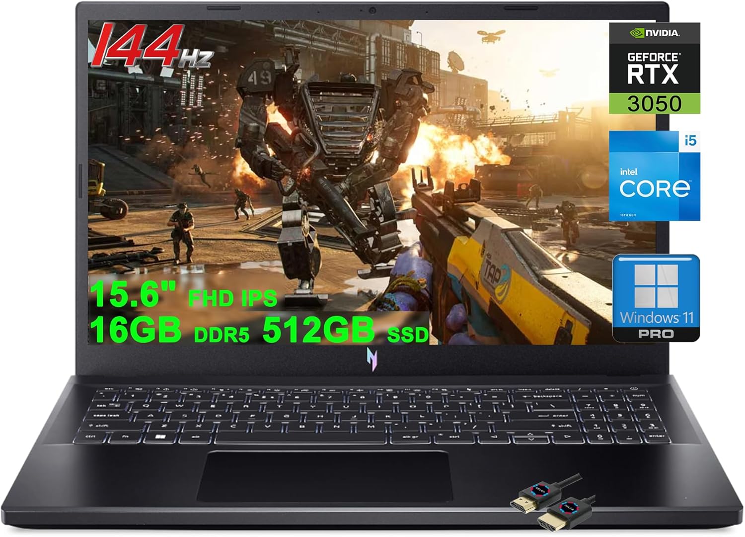 acer Nitro 5 Gaming Laptop | 15.6" FHD IPS 144Hz | Intel 8-Core i5-13420H (>i7-12650H) | 16GB DDR5 512GB SSD | GeForce RTX 3050 6GB Graphic | Backlit Thunderbolt Win11Pro Black + HDMI Cable