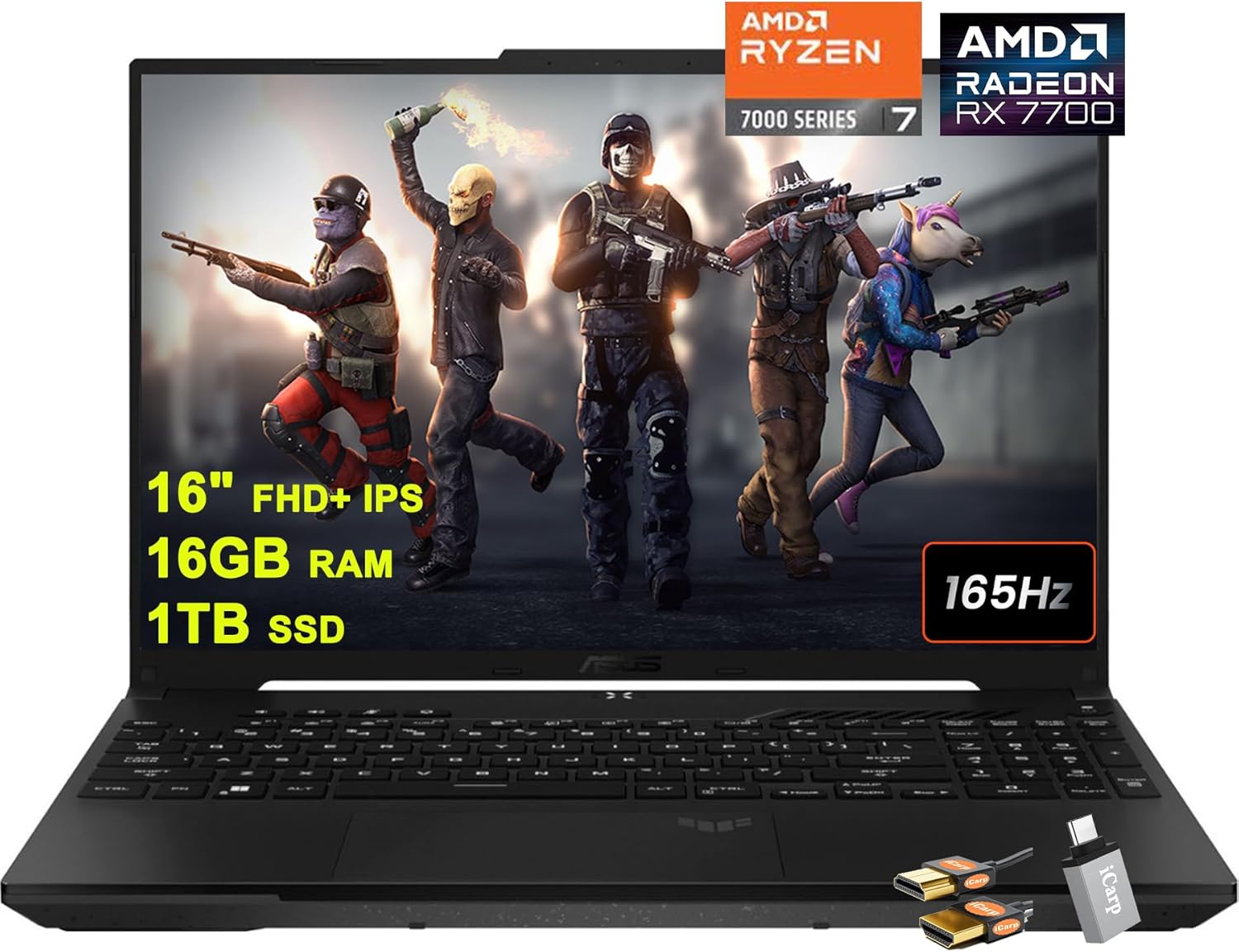 ASUS TUF Gaming A16 Laptop 16" FHD+ 165Hz 7ms 100% sRGB AMD Octa-core Ryzen 7 7735HS 16GB RAM 1TB SSD Radeon RX 7700S 8GB (>RTX4060) Backlit USB-C USB4 Fast Charging Win11 Black w/ICP Accessories