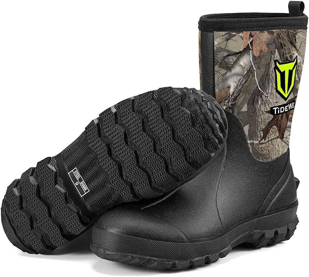 TIDEWE Rubber Boots for Men, 5.5mm Neoprene Insulated Rain Boots with Steel Shank, Waterproof Mid Calf Hunting Boots, Sturdy Rubber Work Boots for Farming Gardening Fishing