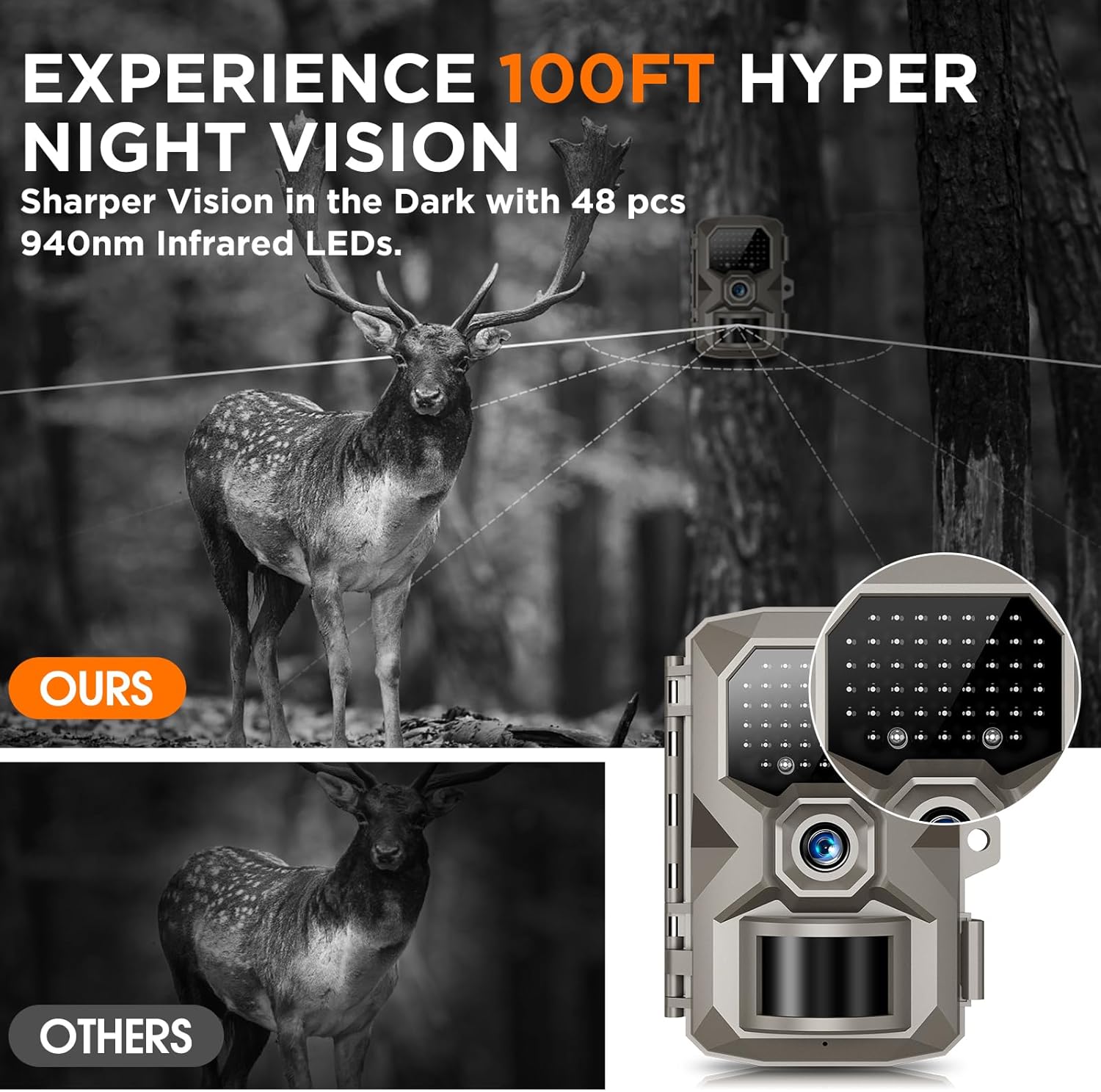 Trail Camera, 4K 48MP Trail Game Camera with Night Vision 0.1s Trigger Motion Activated, IP66 Waterproof Deer Camera 130°Wide Angle with 48pcs No Glow LEDs for Outdoor Wildlife Monitoring