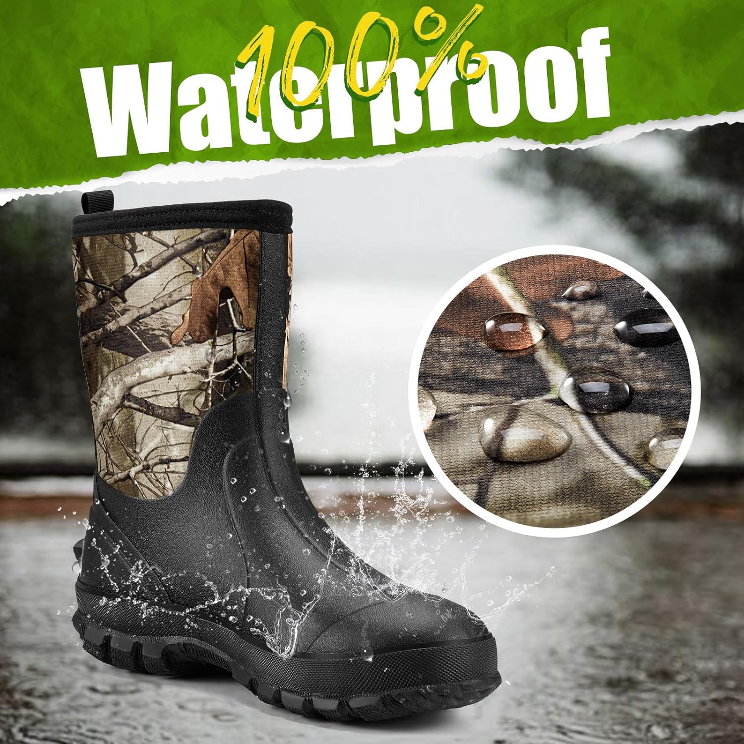 TIDEWE Rubber Boots for Men, 5.5mm Neoprene Insulated Rain Boots with Steel Shank, Waterproof Mid Calf Hunting Boots, Sturdy Rubber Work Boots for Farming Gardening Fishing