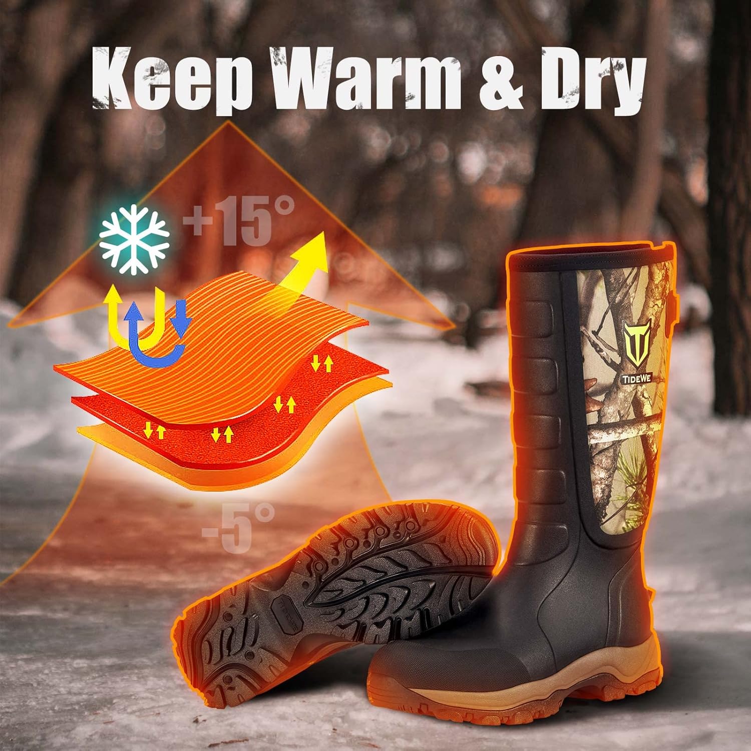 TIDEWE Hunting Boots Snake Proof for Men, Waterproof Insulated Warm Rubber Boots with Steel Shank, 5mm Neoprene Warm Sturdy Lightweight Outdoor Boots, Sturdy Work Boots for Farming Gardening Fishing