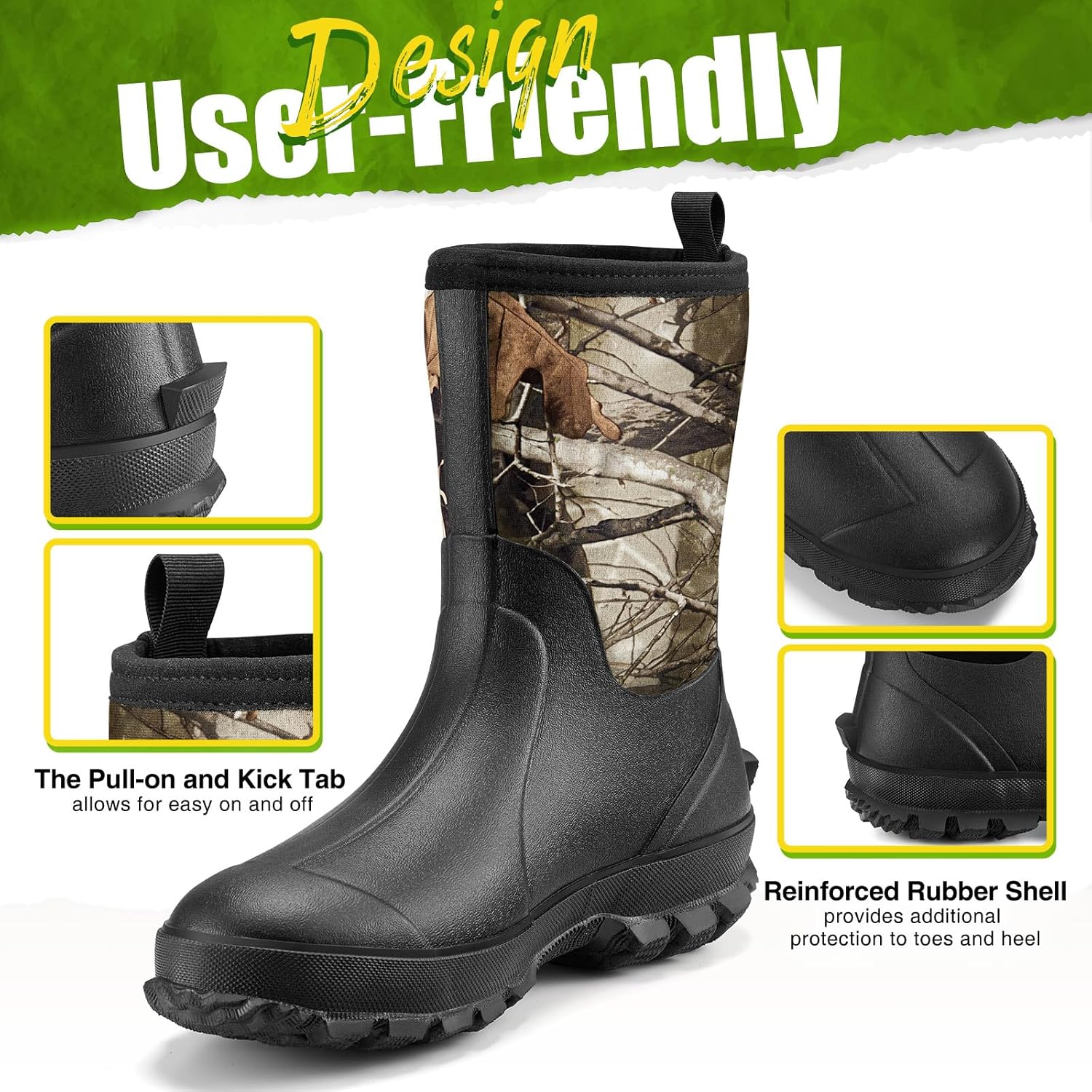 TIDEWE Rubber Boots for Men, 5.5mm Neoprene Insulated Rain Boots with Steel Shank, Waterproof Mid Calf Hunting Boots, Sturdy Rubber Work Boots for Farming Gardening Fishing