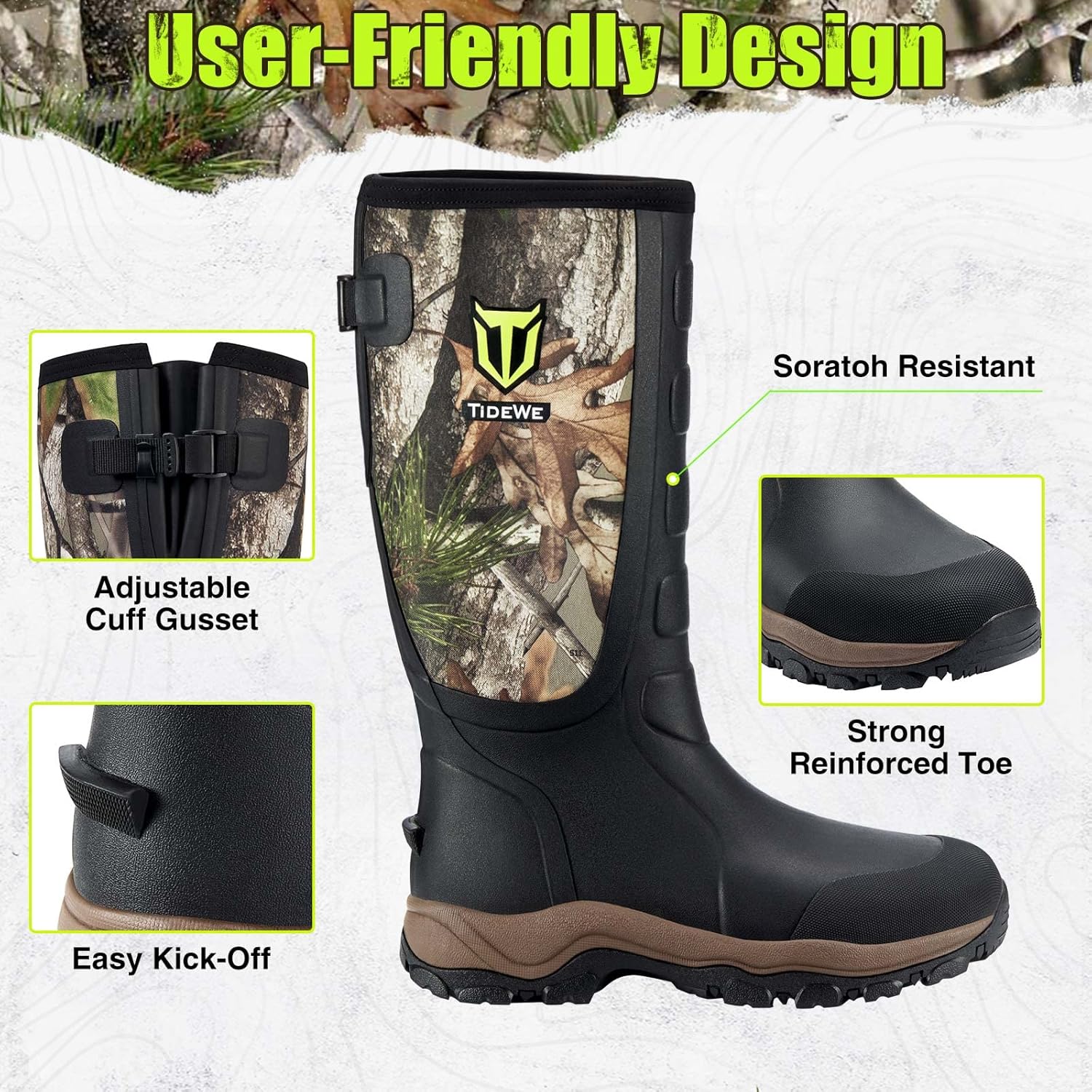 TIDEWE Hunting Boots Snake Proof for Men, Waterproof Insulated Warm Rubber Boots with Steel Shank, 5mm Neoprene Warm Sturdy Lightweight Outdoor Boots, Sturdy Work Boots for Farming Gardening Fishing