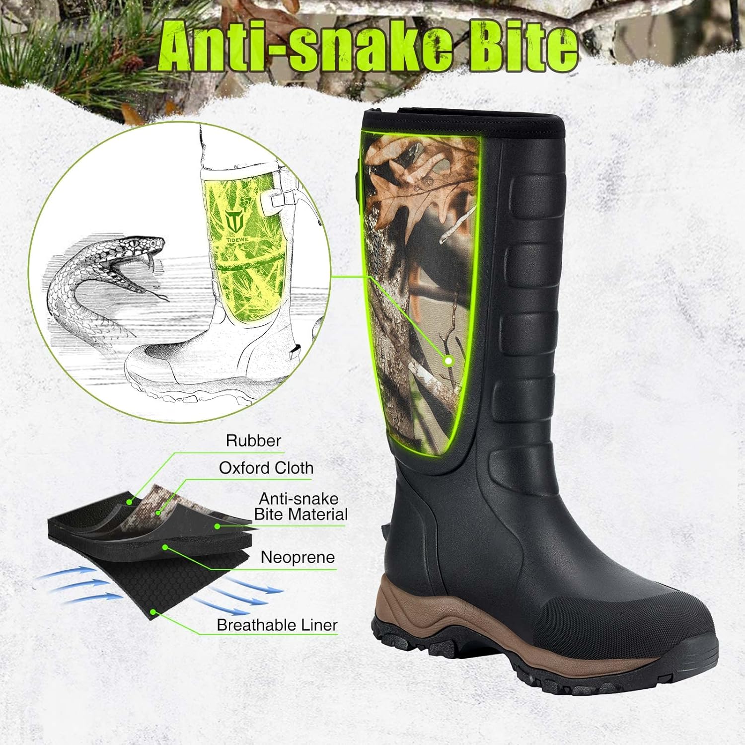 TIDEWE Hunting Boots Snake Proof for Men, Waterproof Insulated Warm Rubber Boots with Steel Shank, 5mm Neoprene Warm Sturdy Lightweight Outdoor Boots, Sturdy Work Boots for Farming Gardening Fishing