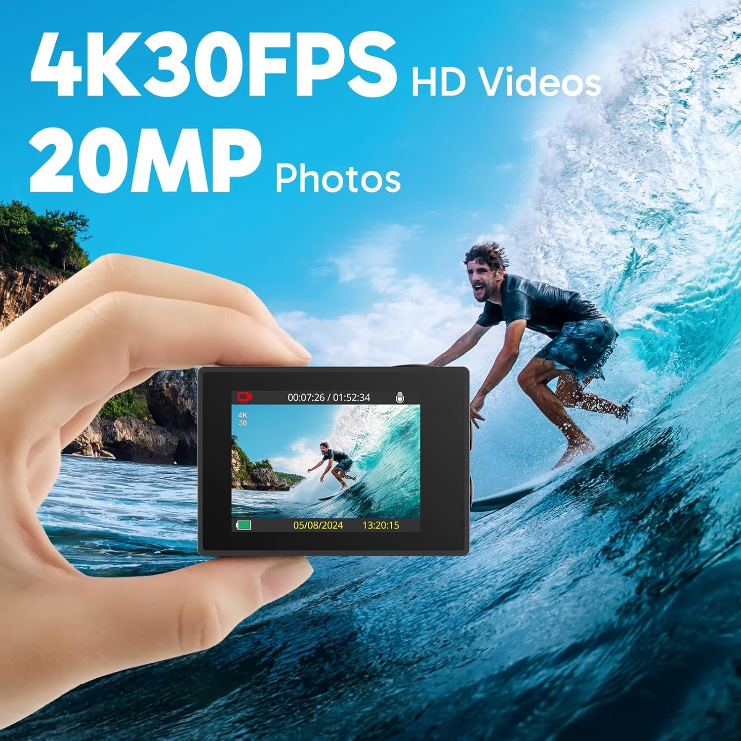 AKASO EK7000 4K30FPS 20MP WiFi Action Camera with EIS Ultra HD Underwater Camera 131FT Waterproof Camera Remote Control 4X Zoom in Photo Mode Support External Microphone Black