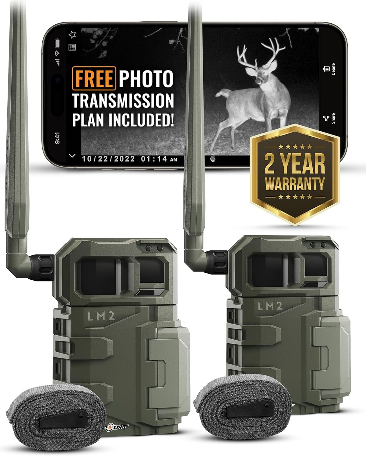 SpyPoint LM2 Twin Pack Cellular Trail Camera - 20MP Photos, Infrared Game Night Vision Photos, 90' Flash Camera & Detection Range, 0.5S Trigger Speed, Photos Sent to App (VZN)