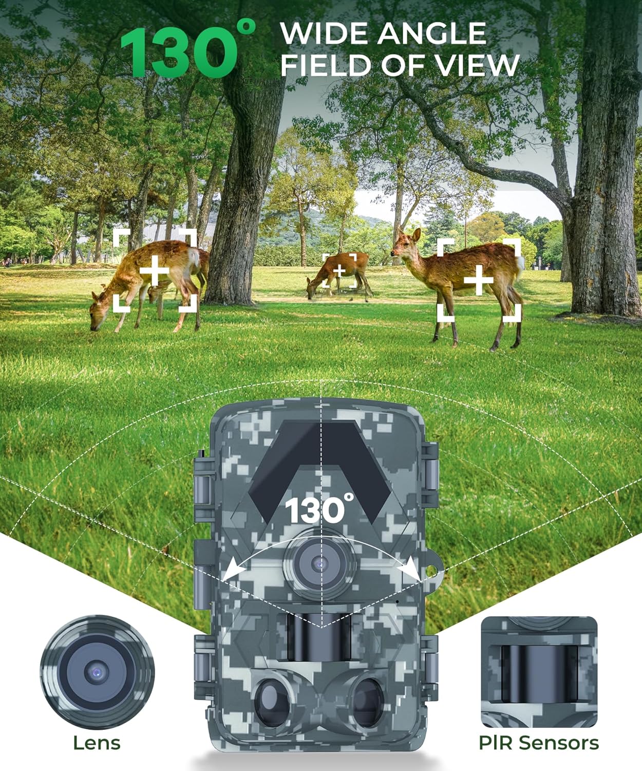 Trail Camera 5K 60MP Game Camera with 130°Wide Angle, 0.05s Motion Activated, IP66 Waterproof Night Vision with No Glow Infrared for Wildlife Camera